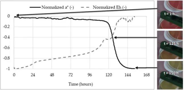 Figure 4. Monitoring of the color transfer (normalized values of a*, in black solid line) of a non- non-decontaminated rib steak juice (50 mL of juice diluted 1/5) at 4 °C and of the redox potential  (normalized values of E h , in grey dashed line) as a fu