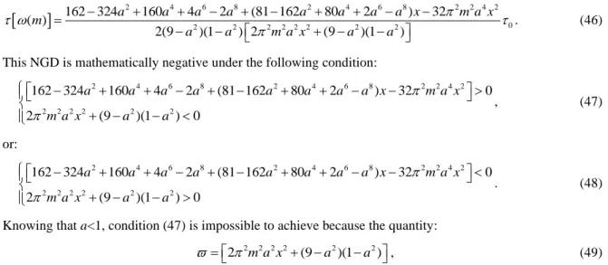 Table  I  presents  the  group  delays  at  the  frequencies  expressed  in  (31),  (32),  (33)  and  (34)  in  function  of  the  parameters  a,   0  and    