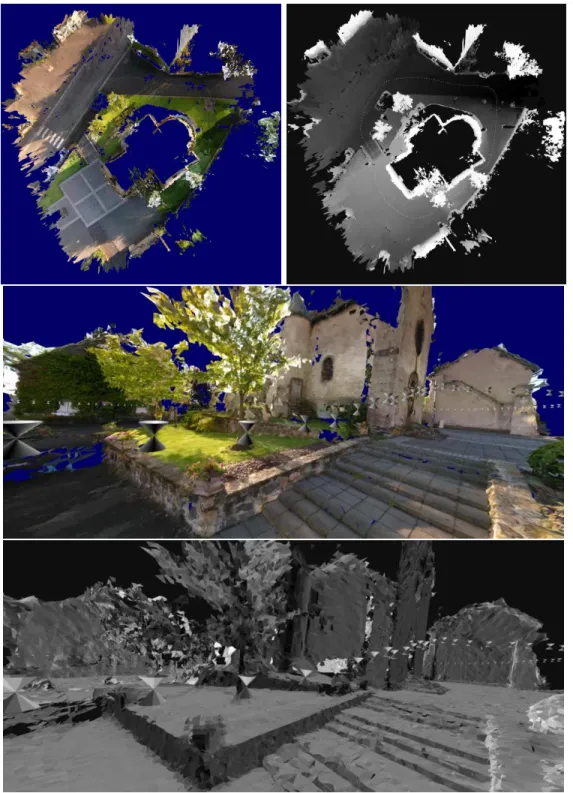 Figure 10: From top to bottom: top view and height map of church global model, local view (texture and orientation of triangles).