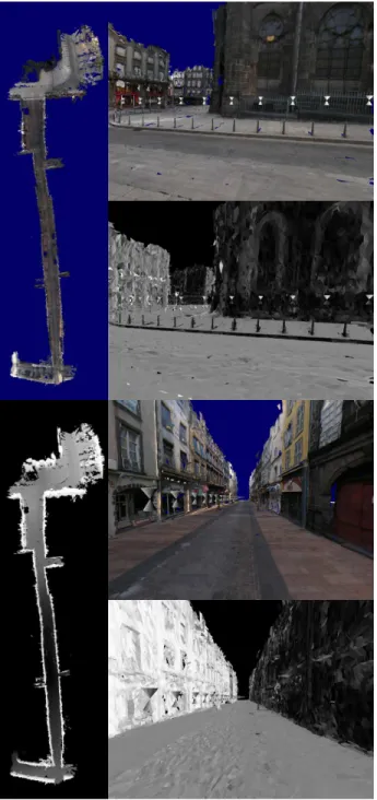 Figure 12: Left: top view and height map of the old town global model. Right: local views (texture and orientation of triangles).