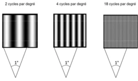 Figure 1.4 : Réseaux sinusoïdaux à différentes fréquences spatiales. 