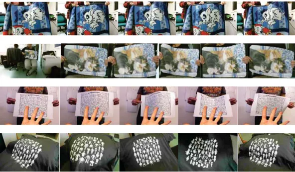 Figure 4.3: Some images of the rug, table mat, kinect paper and tshirt datasets. The ﬁve rightmost images of the table mat dataset are zoomed in to improve visibility.