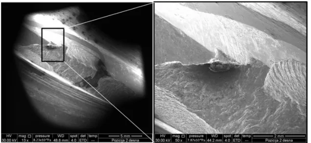 Figure 9. SEM image of a failed gear—detail of a material inclusions just below case-hardened layer  serving as a crack initiation point