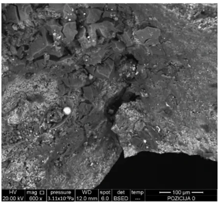 Figure 4. SEM image of fractured surface of a rotating shaft at the crack origin showing inclusions  that acted as crack initiation points