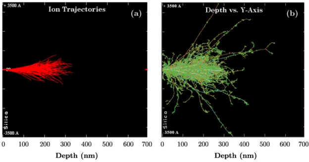 Figure 3.7: Results obtained from the TRIM simulation with 900 keV Au ions in silica. (a) Ion trajectories