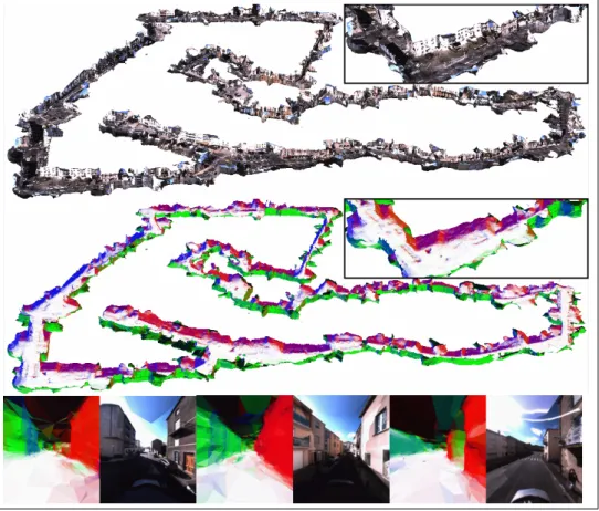 Figure 4: Views of reconstructed surfaces of the city (real) sequence. Top: global and local views of the final surface (the sky is removed to help visualization)