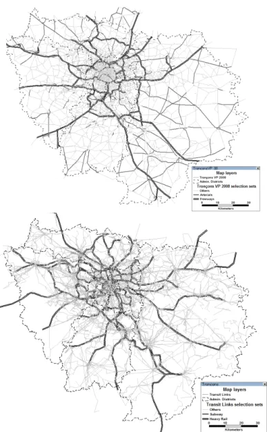 Figure 3.1: Road network (upper figure) and public transit network (lower figure) in the Paris region