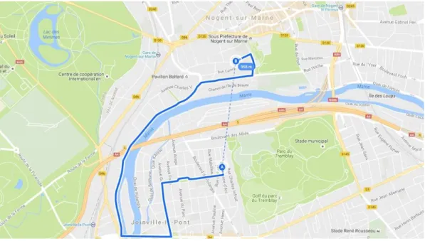 Figure 3.2: Example 1. Google map image: Possible barriers which require to make detours: a river, islands, a lake, parks, a golf course, stadiums, highways, a national road, departmental roads, train routes