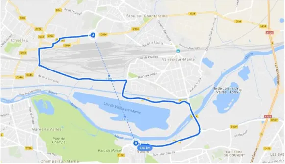 Figure 3.3: Example 2. Google map image: Possible barriers which require to make detours: a river, lakes, an attraction island theme park, parks, a highway, departmental roads, train routes, electric and thermic  cen-ters, cemetery