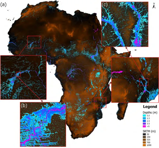 Figure 2.22 – Résultats d’une simulation globale fixée pour une période de retour 100 ans sur, (a) toute l’Afrique, (b) le delta du Niger, et (c) la plaine inondable du fleuve Zambèze, d’après Sampson et al