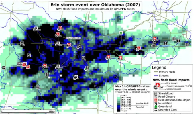 Figure 2.28 – Prévision à 1 heure des impacts à partir des Flash Flood Guidance lors de la tempête tropicale Erin, d’après Calianno et al