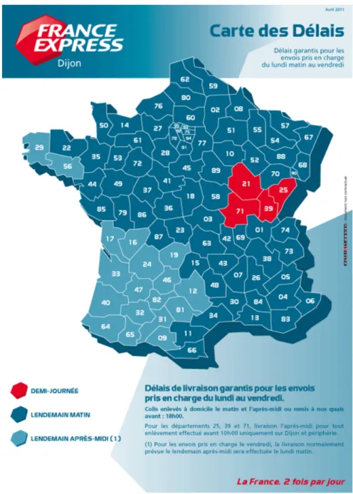 Figure 13 : Carte des délais du produit France Express, au départ de l'agence de Dijon (avril  2011) 