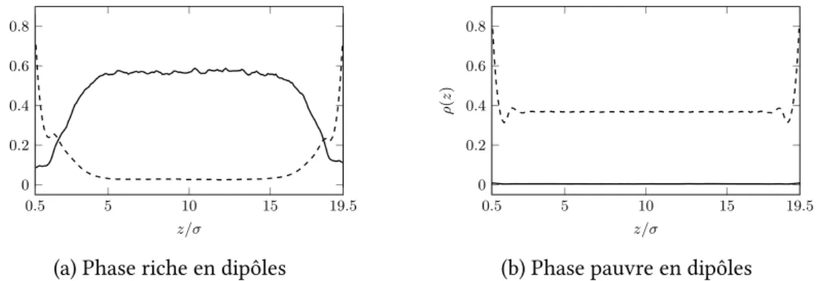 Figure 3.13 – Profils de densité ρ(z) des sphères dipolaires (continu) et apolaires (tirets) pour E k ∗ = 0,18 et ρ total = 0,47 après séparation de phases.