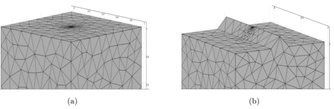 Figure 2.13 – Représentation du maillage 3D en éléments finis 2.13(a) avant application d’une défor- défor-mation du maillage et 2.13(b) après déformation du maillage.