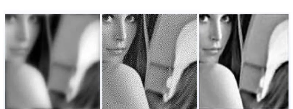 Figure 2.7 – De gauche ` a droite : image affect´ ee par du flou optique, restauration par inversion du noyau et restauration par TVM