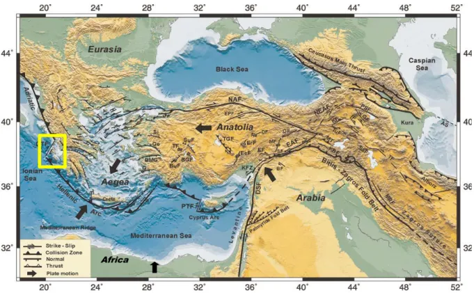 Figure 2.1: Tectonic-plate map of Greece (Taymaz et al., 2007). Yellow rectangle marks  the study area Cephalonia