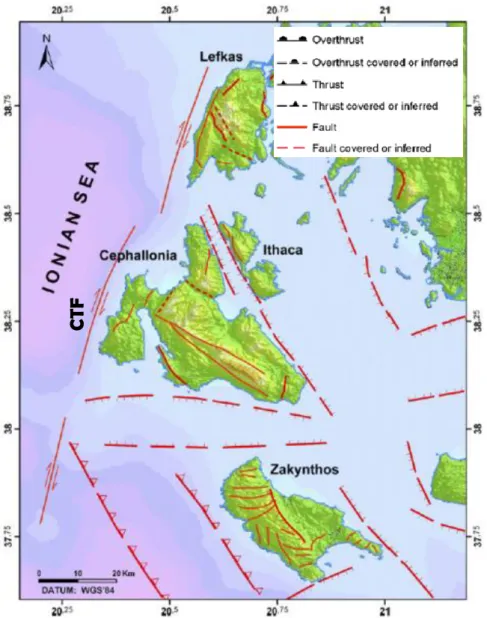Figure 2.2: Main fault systems of the Cephalonia Island taken from the Seismotectonic  Map  of  Greece  (IGME)  (Lekkas  et  al.,  2001;  Lagios  et  al.,  2007)