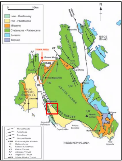 Figure 2.5: Geological formations of Cephalonia (Underhill, 2006). Red rectangle shows  the study area at Argostoli