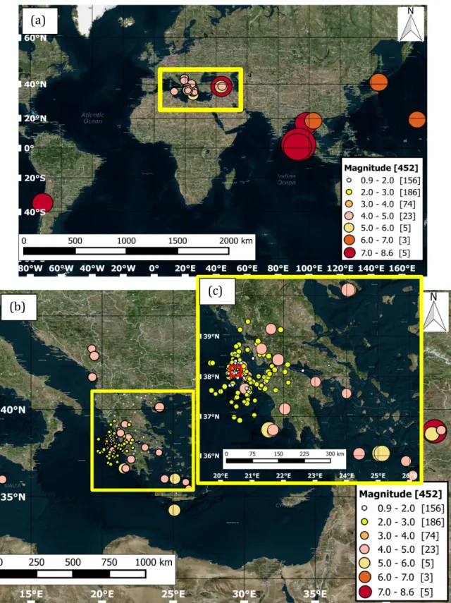 Figure 2.17: Location of (a) 452 good quality local, regional and teleseismic events. (b)  Zoomed  in  view  of  the  local  and  regional  events  from  the  area  marked  by  yellow  rectangle on the (a)