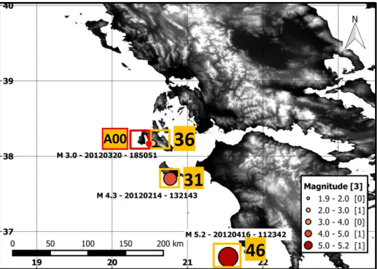 Figure  2.20:  Location  of  the  three  example events, no.  36,  31  and  46  in  Appendix  F.1