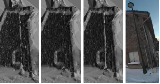 Fig. 4. Comparing three graph-cut methods. From left to right: base graph-cut using λ qual = 0.5, base graph-cut using λ qual = 2, our graph-cut using λ qual = 2, a local view of an input image.