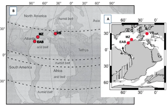 Figure 1.2: A) Paleogeography of the mid-Cretaceous (modified after Browning and Watakins, 2008), the arrow  indicates a shallow to intermediate connection through the central Atlantic seaway (denoted by the black star)  based on studies from Arthur and Na