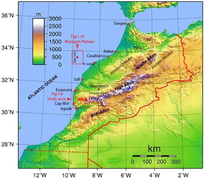 Figure 1.9: Showing the topographic and tectonic units of Morocco, the tectonic setting of the study area and  the Mazagan Plateau (the closest locality being investigated for our study)