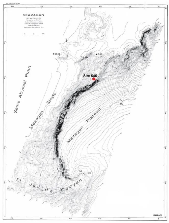 Figure 1.10: Seabeam bathymetric map of Mazagan Plateau with locations of DSDP sites Leg 79 (after Ruellan et al., 1985)