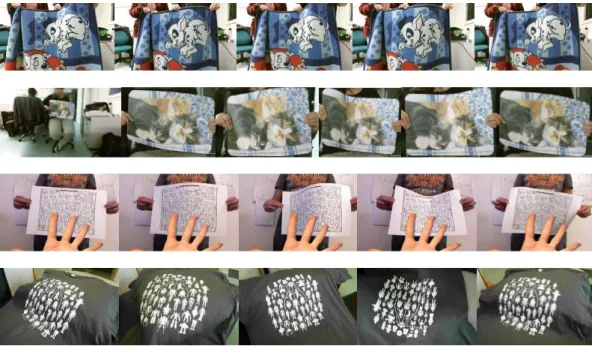 Figure 4.3: Some images of the rug, table mat, kinect paper and tshirt datasets. The five rightmost images of the table mat dataset are zoomed in to improve visibility.