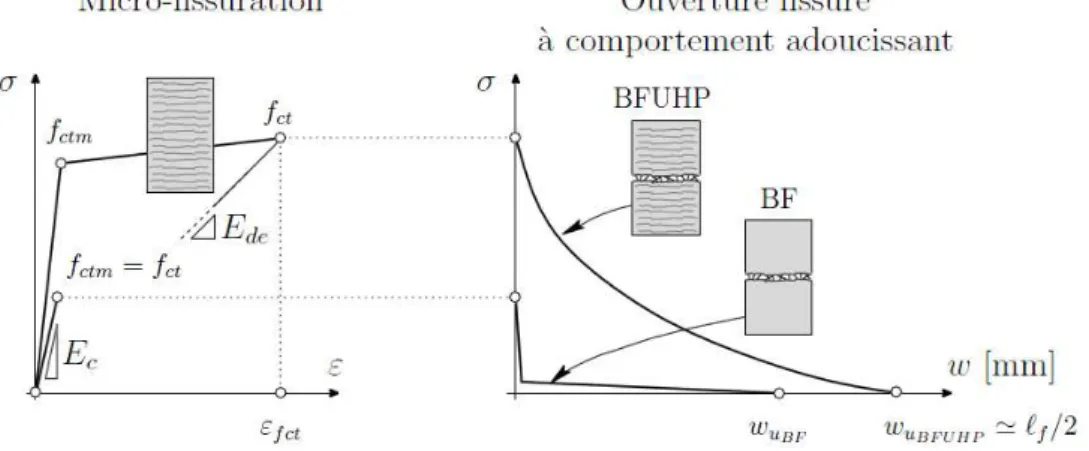 Figure 11: Comportement simplifié d’un BFUP écrouissant et d’un BFM en traction (Redaelli, 2009) 