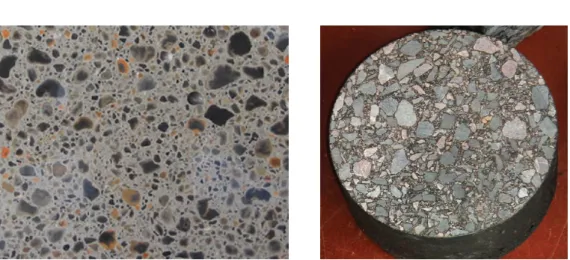 Figure 1.1 : À gauche : coupe d’un échantillon de béton. À droite : coupe d’un échantillon d’enrobé bitumineux.