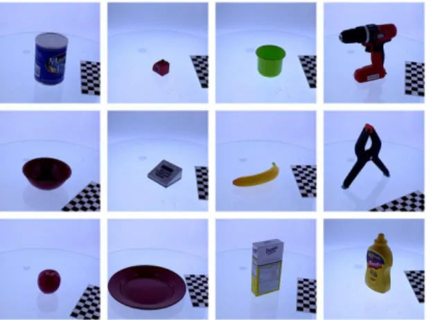 Fig. 4: Samples of testing objects (small can, peach, short box, big Lego, pitcher base, squared rounded can, small cup, chips can, toy drill, tennis ball, lemon, Rubik’s cube) V C , by calculating the maximum x¯ max and the minimum number of steps x¯ min 