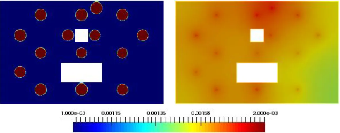 Figure 4.2 – q m basis functions constructed with the H 1 norm (left) and constructed with the H˜ 1 norm with L g = 75m (right), over the 2D case study introduced in chapter 5