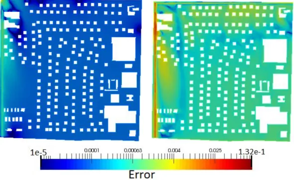 Figure 0.9 – Relative mean PBDW approximation error over a set of 8 trial solutions to P trial with no model error (left) and with R = 0.0001 (right)