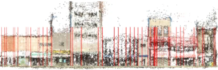 Figure 3: Preprocessing. Reconstructed 3D points and vertical lines (red).