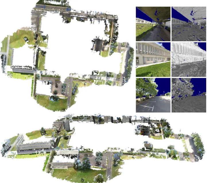 Figure 4: Top view (top left), local views (top right) and oblique view (bottom) of the final 3D model of the campus