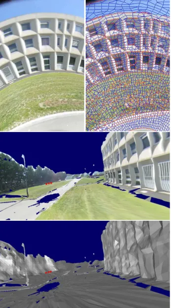Figure 3: From top to bottom: part of reference image, over- over-segmentation using polygons (contours in red), view-centered model (texture and normals) reconstructed from 3 poses (in red).