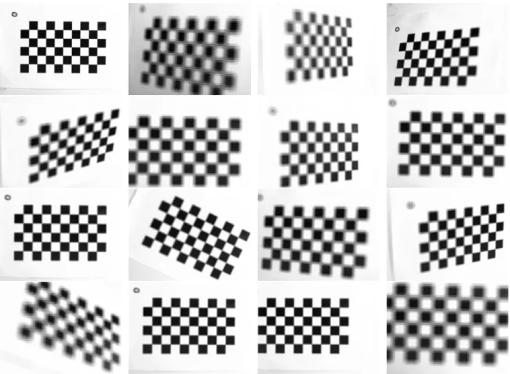 Figure 2: Devignetted images of the calibration targets (9 × 5 of 10mm side checkerboard) from the dataset R12-A taken at various angles and distances.