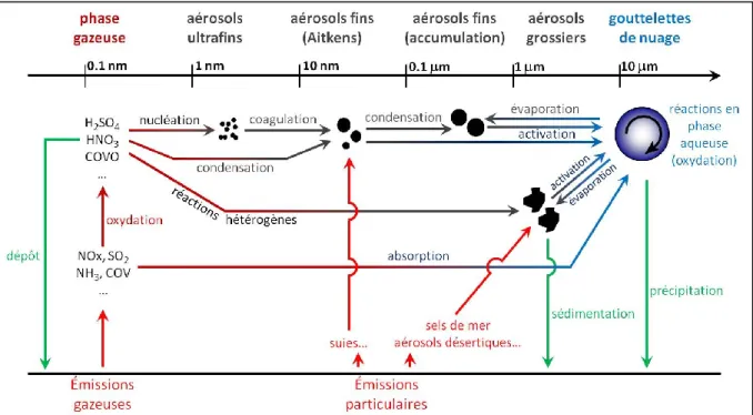 Figure  1.2  –  Schématisation  des  processus  d’émission,  de  formation  et  d’évolution  des  aérosols  atmosphériques