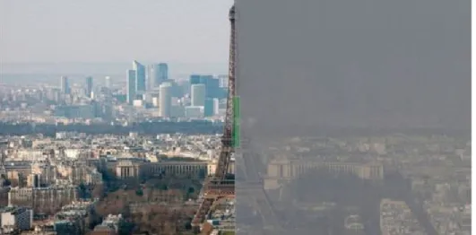 Figure 1.2 – Photographies de la tour Eiffel à Paris prises en mars 2014, avant le pic de pollution (à  gauche) et au plus fort de l’épisode, le 13 mars (à droite) (source AFP LeMonde.fr)