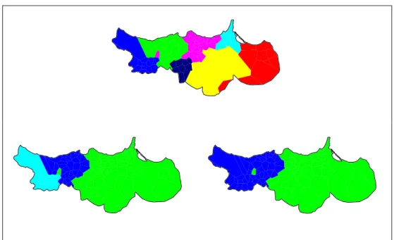 Figure 5: CA Lv  maps – 7 clusters vs. 3 clusters vs. 2 clusters – All lexis 1 2 3 4 5 6 7 7 6 4 3 1 5  2 4 