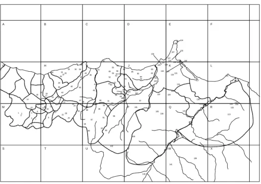 Figure 1: Map of the georeferenced survey points of the Rif (Lafkioui 2007)  7877 130124133136AG M S BHN T C IOU D JPV EK QW FLRX10210996798 1132108823105107132611 1156870114 112 11113862696510011042104106407113429663072811175212111643373545595411973131323