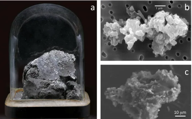 Figure 7: Images de petits corps présentant une possible origine cométaire. (a) Morceau de la météorite d’Orgueil conservé  au  musée  de Montauban  Victor Brun  (taille  12,5  x 9,5 x  9  cm),  (b)  Poussière interplanétaire chondritique  et  poreuse et  