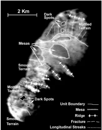 Figure  20  :  Image  du  noyau  de  la  comète  19P/Borrelly  et  indication  des  morphologies  et  caractéristiques  de  la  surface