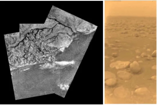 Fig. 1.3 – Images de la surface de Titan observée par DISR pendant la descente (à gauche) et à l’atterrissage (à droite).