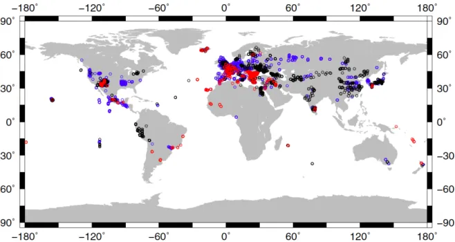 Figure 1.11: Global distribution of archeomagnetic data from the Geomagia50 compi- compi-lation, corresponding to expansions of the dataset for different database versions:  Geo-magia50 (black), GeoGeo-magia50.V2 (blue) and GeoGeo-magia50.V3 (red)