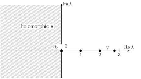 Figure 2.1 – Scheme representing the Mellin transform u ˆ = M r→λ u, for a function u ∈ K s γ 0 (Ω) for any γ 0 &lt; d/2 (hence uˆ is holomorphic in the half-plane {Re λ &lt; 0}).