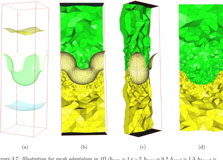 Figure 3.7: Illustration for mesh adaptation in 3D (h min = 1.e − 2, h max = 0.2, h grad = 1.3, h hausd = 5e − 3)