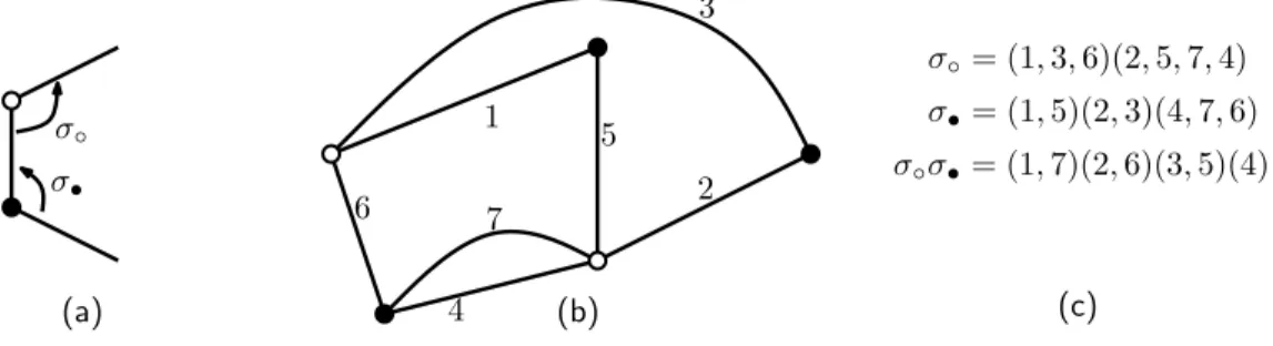 Fig. 2: (a) The rules defining the permutations σ ◦ and σ • . (b) A bipartite map with 7 edges arbitrarily labelled from 1 to 7