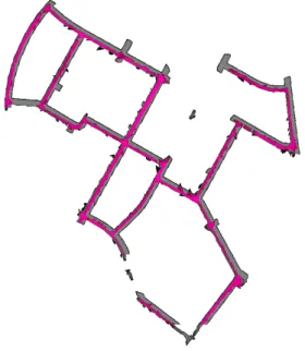 Fig. 11. Alignement des donn´ees entre la base de donn´ees absolue Open- Open-StreetMap, et notre reconstruction de route (recouvrement en rose)